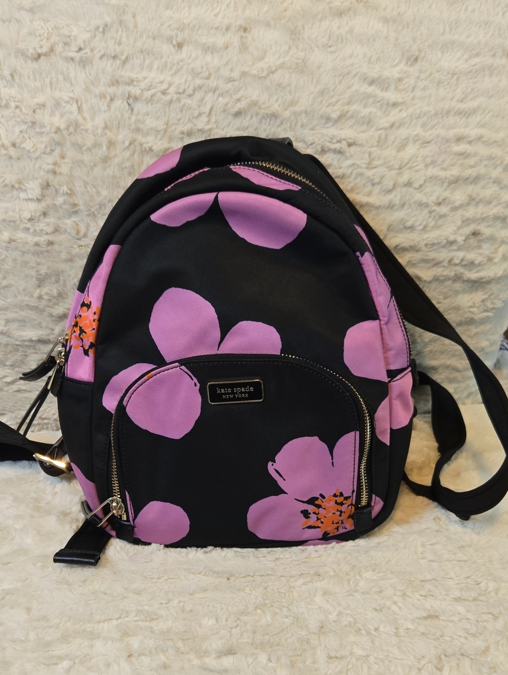 kate spade black backpack with pink floral print EUC